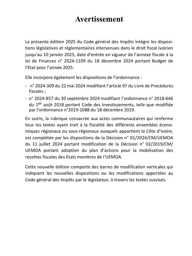 Couverture du document : Code général des impôts Côte d'Ivoire 2025