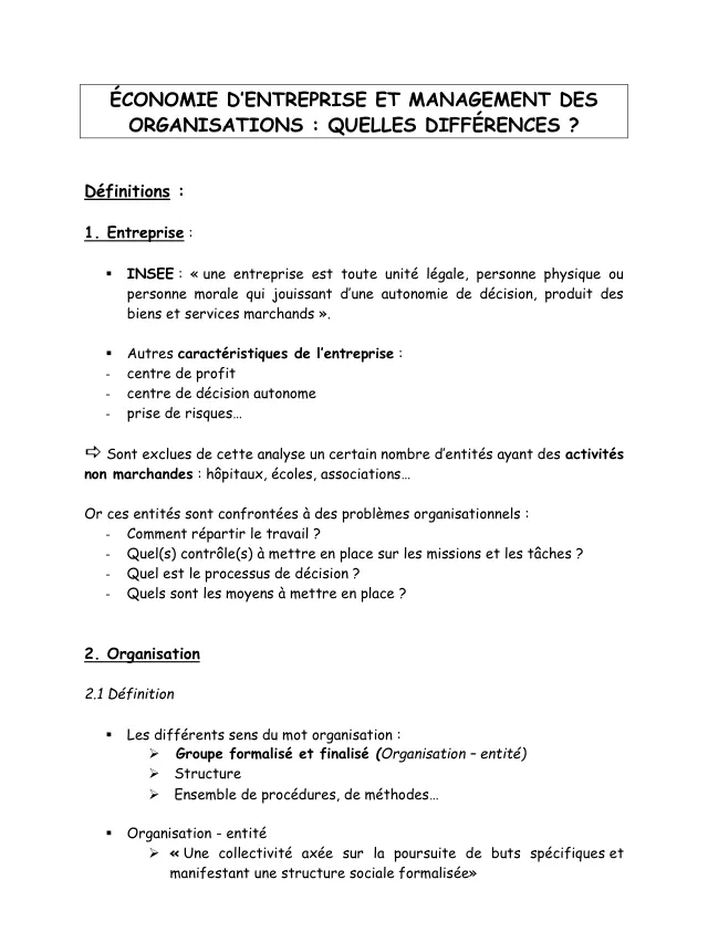 Couverture du document : Économie d'entreprise et management des organisations