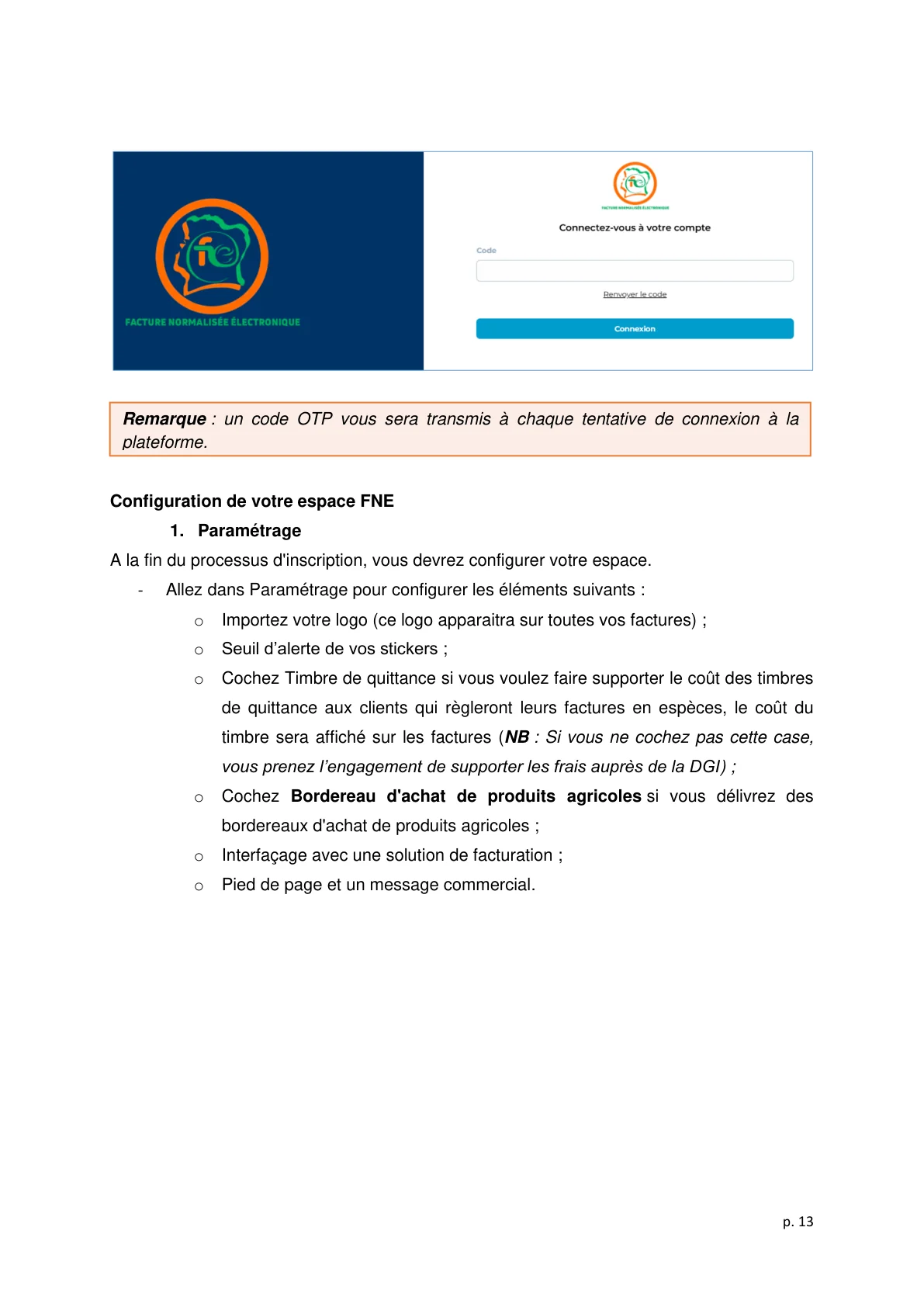 Saisie code OTP connexion FNE DGI