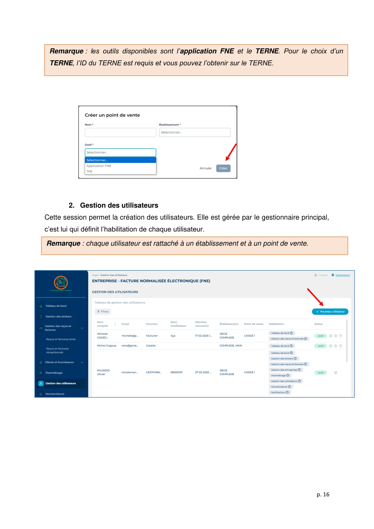 Création points de vente FNE — Gestion des caisses