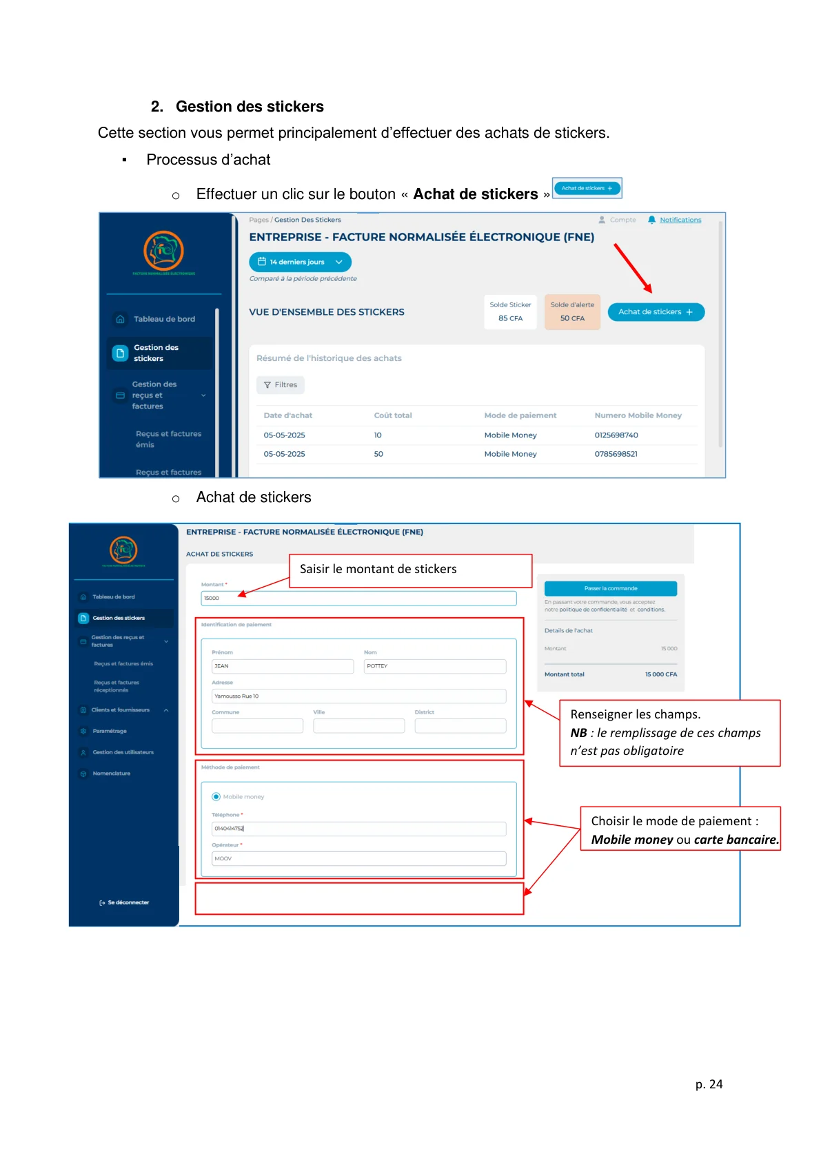 Achat de stickers FNE — Mobile Money plateforme DGI