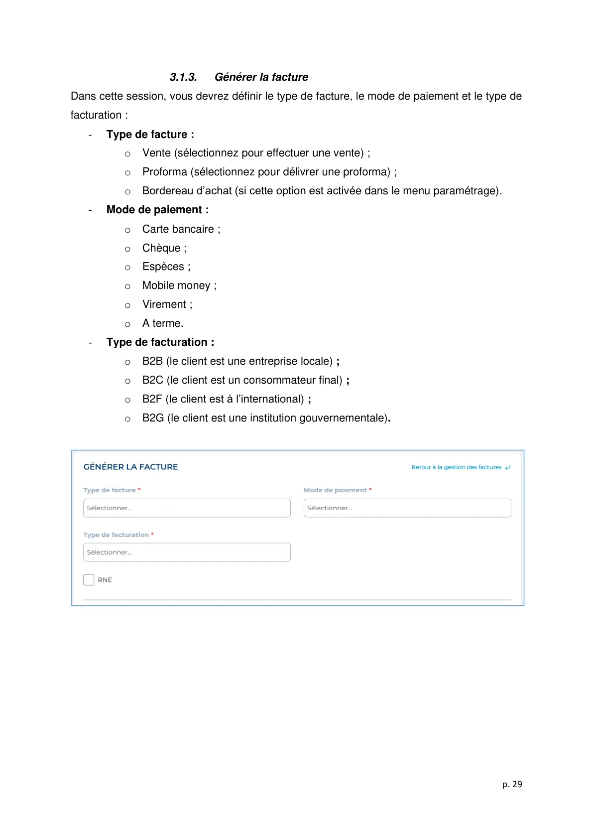 Sélection type de facture et mode de paiement FNE