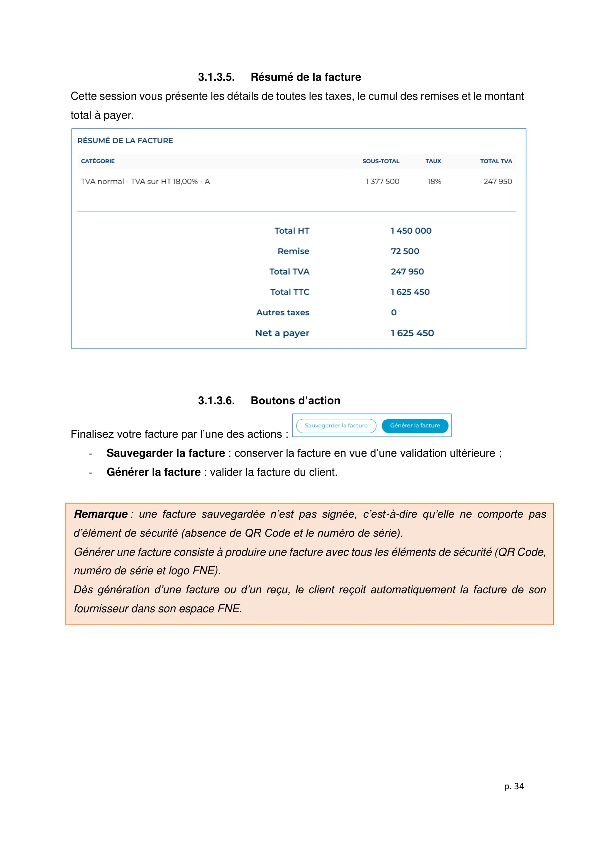 Résumé facture FNE — Total HT TVA TTC avant génération