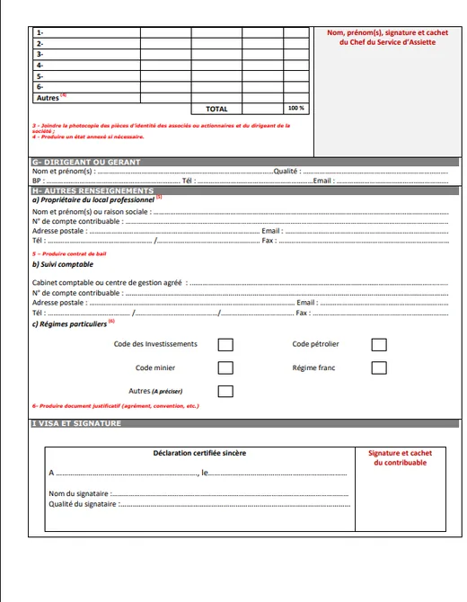 DFE personnes morales, page 2 : associés, dirigeant, autres renseignements, visa et signature