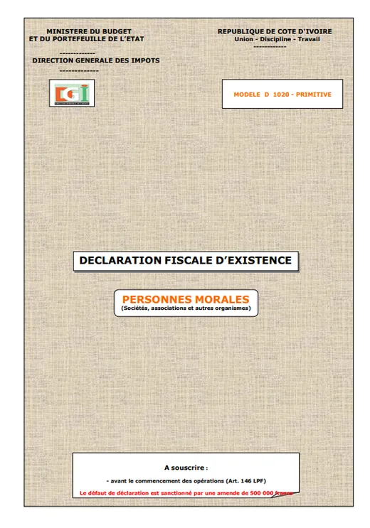 Page de garde de la déclaration fiscale d'existence (DFE) des personnes morales, modèle DGI